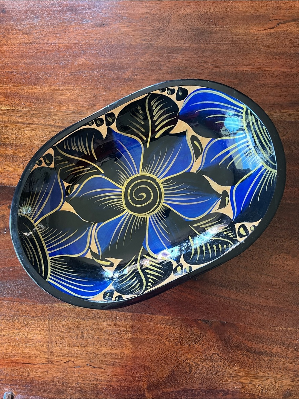 Vintage Floral Folk Art Wood Bowl Hand Painted Glossy Blue Black Flowers MCM